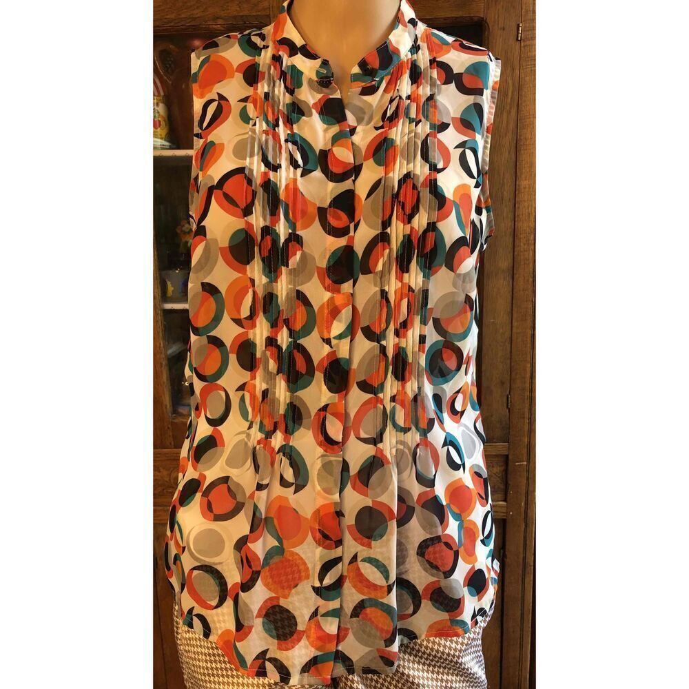 Liz Claiborne Multi Colored Geometric Sheer Sleeveless Button Front Blouse Small